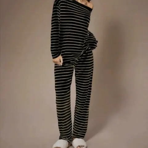 Off-Shoulder Striped Pajama Set — Black