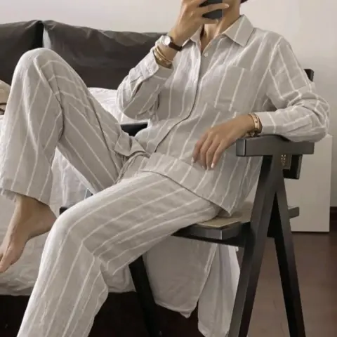 Pinstripe Shirt Pajama Set — White